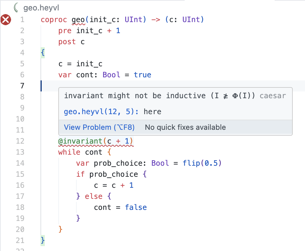 Caesar in VS Code, showing the diagnostic “invariant might not be inductive” at a loop annotation.